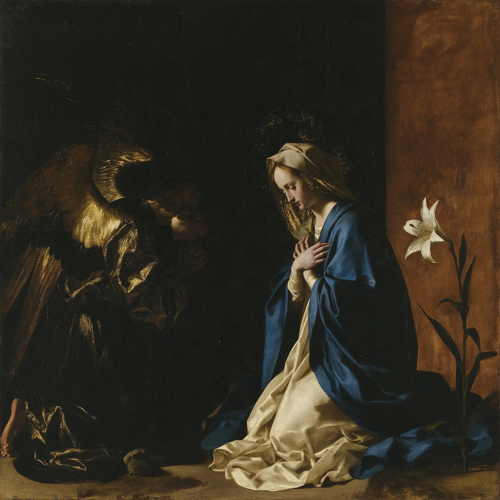 the Annunciation in black and gold in Black and Gold style, square Christian artwork no. 4