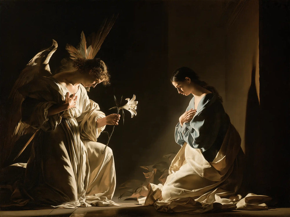 the Annunciation in dramatic chiaroscuro in Caravaggio Tenebrism style, landscape Christian artwork no. 1