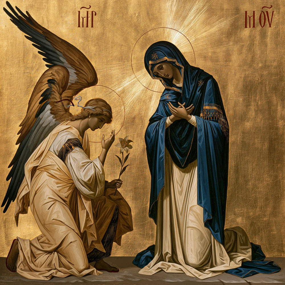 the Annunciation in a contemporary Byzantine icon in Contemporary Byzantine style, square Christian artwork no. 10