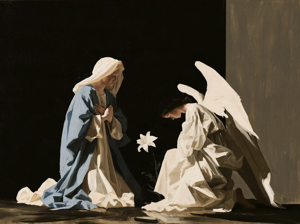 the Annunciation in a minimalist composition in Contemporary Minimalism style, landscape Christian artwork no. 7