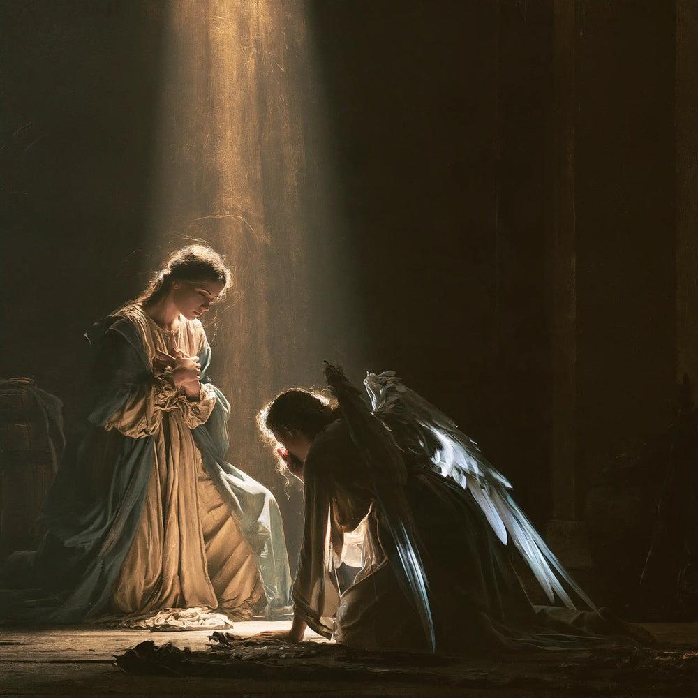 divine light descending upon Mary at the Annunciation in Divine Light Descending upon Mary style, square Christian artwork no. 7