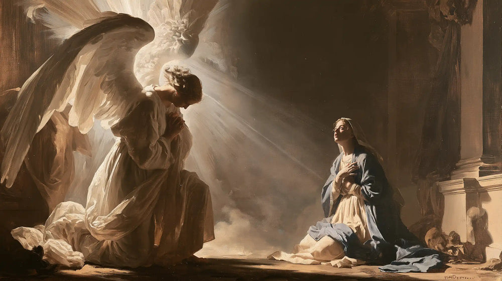 Gabriel in radiant light at the Annunciation in Gabriel in Radiant Light style, landscape Christian artwork no. 6
