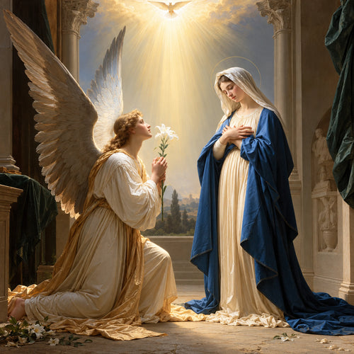 Golden sacred light descending over Gabriel and Mary in a square theatrical Baroque Annunciation