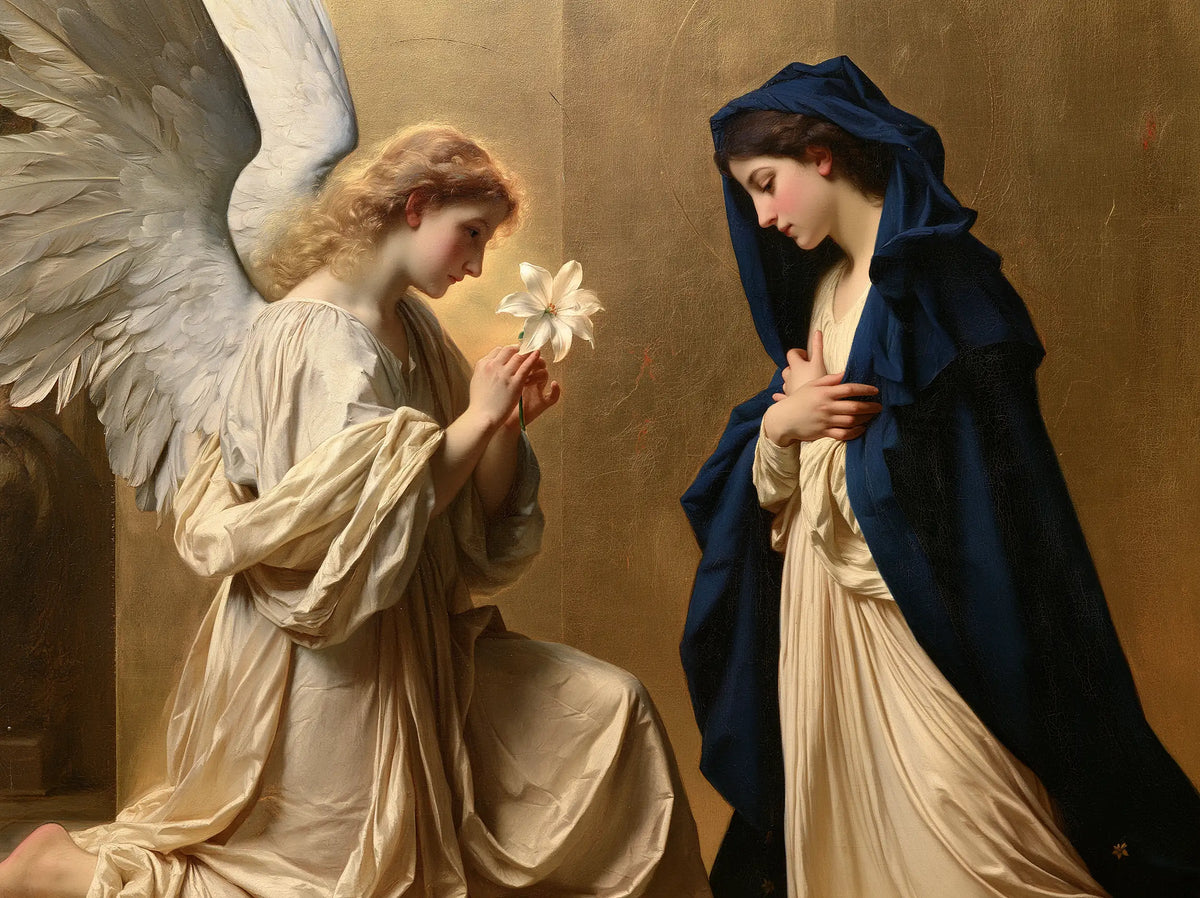 Annunciation with Ivory Wings and Blue Mantle – Bouguereau-Inspired Academic Art · Landscape