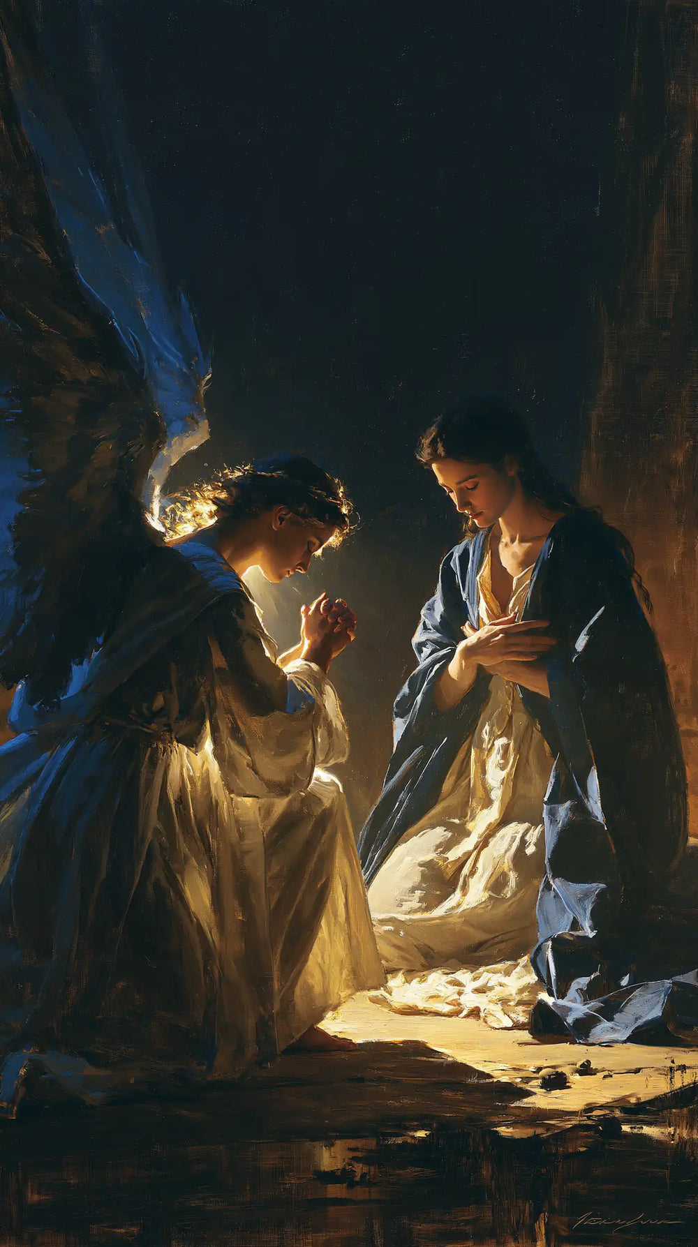 the Annunciation in midnight-blue chiaroscuro in Midnight Blue Chiaroscuro style, portrait Christian artwork no. 2