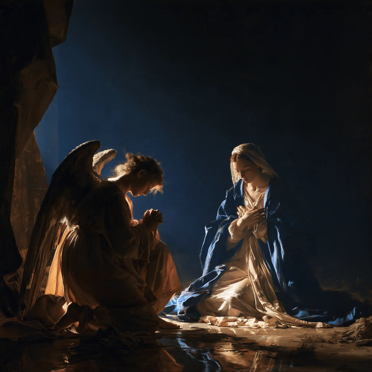 the Annunciation in midnight-blue chiaroscuro in Midnight Blue Chiaroscuro style, square Christian artwork no. 9