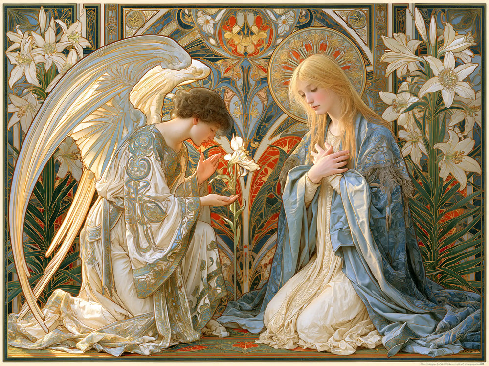 the Annunciation framed by sacred Art Nouveau ornament in Sacred Art Nouveau style, landscape Christian artwork no. 7