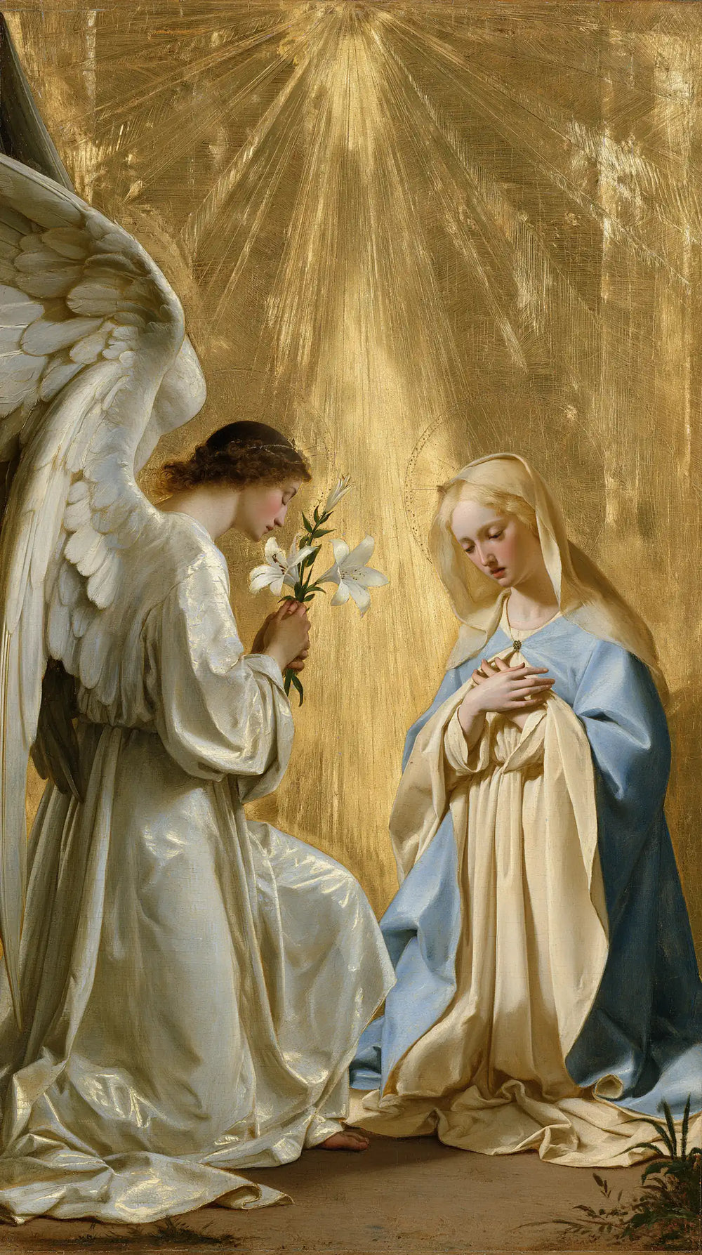 the Annunciation in sacred golden light in Sacred Gold style, portrait Christian artwork no. 5