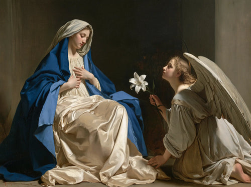 Mary in sapphire blue and Gabriel in ivory with a white lily against a dark Annunciation wall · landscape format