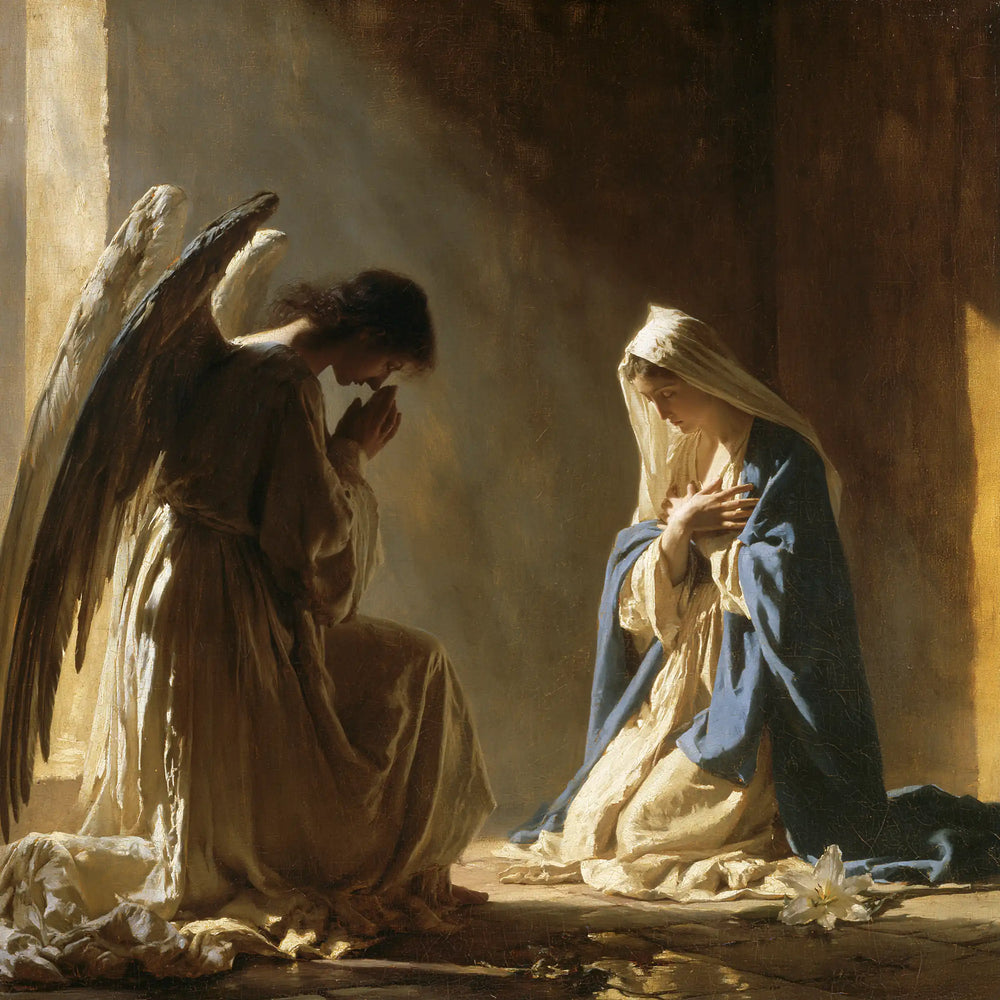 Mary in contemplative silence at the Annunciation in The Silence of Mary style, square Christian artwork no. 2