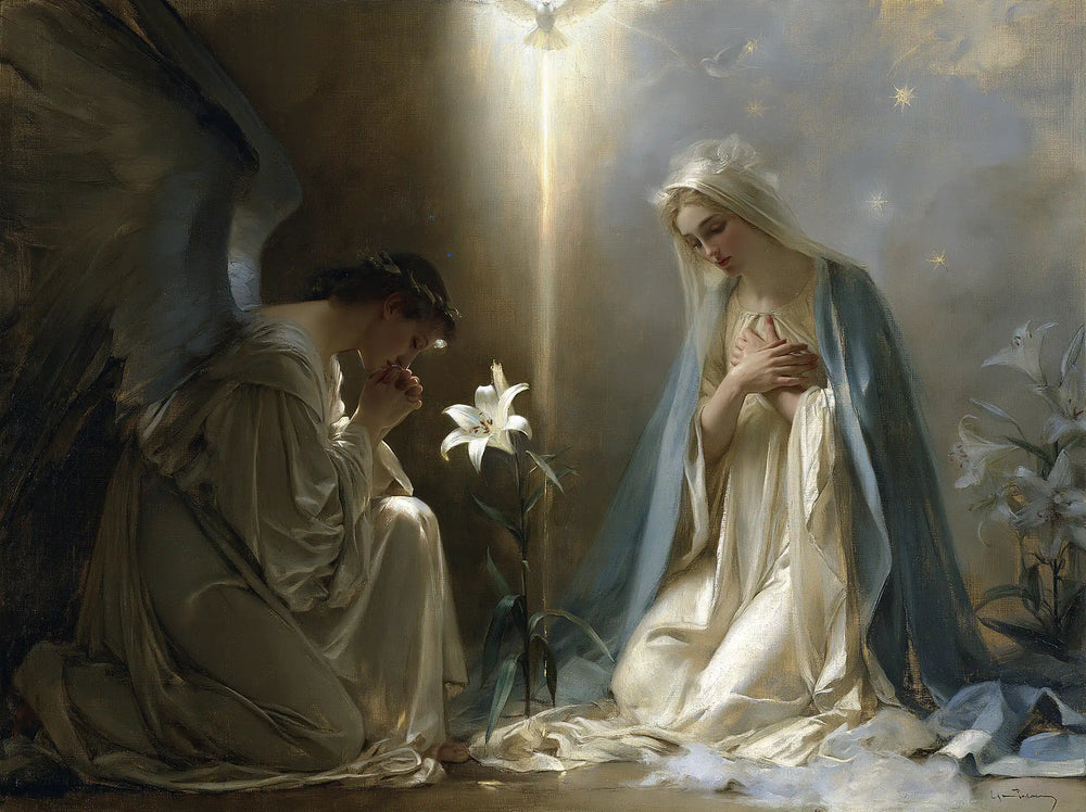 the Annunciation in a symbolist composition in Symbolist style, landscape Christian artwork no. 2