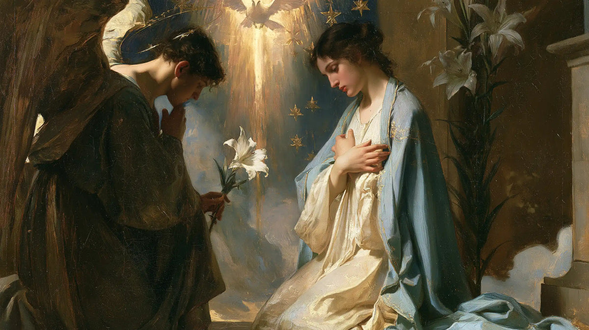 the Annunciation in a symbolist composition in Symbolist style, landscape Christian artwork no. 12