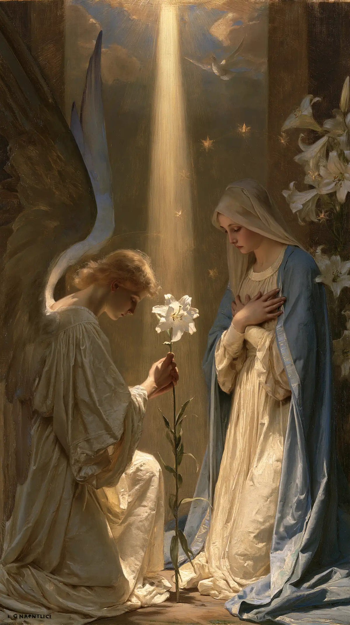 the Annunciation in a symbolist composition in Symbolist style, portrait Christian artwork no. 6