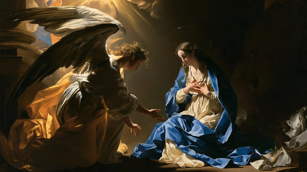 the Annunciation in a theatrical Baroque scene in Theatrical Baroque style, landscape Christian artwork no. 18