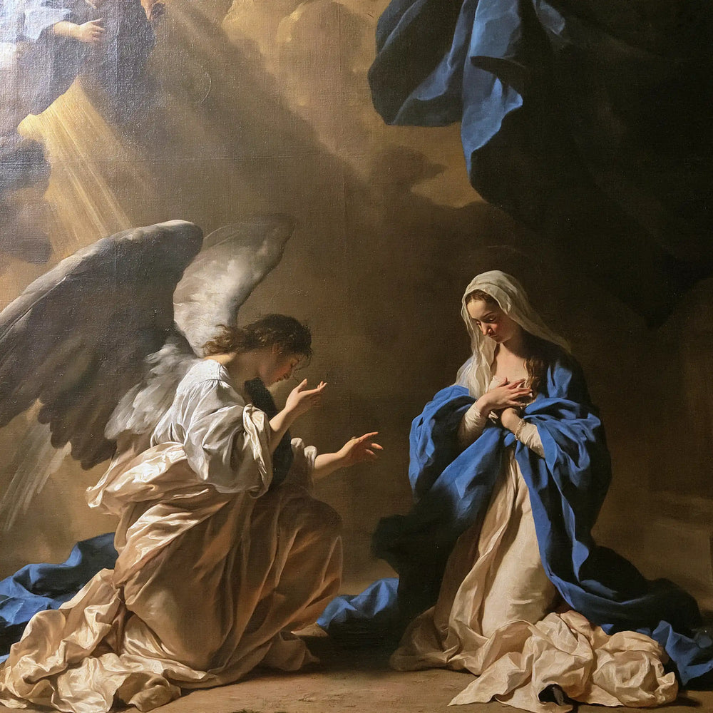 the Annunciation in a theatrical Baroque scene in Theatrical Baroque style, square Christian artwork no. 1