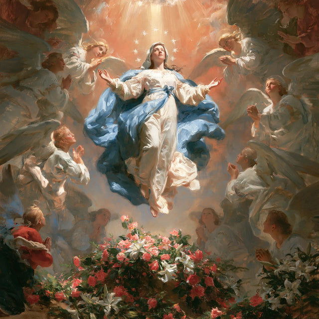 The Assumption of Mary — Red Roses and the Azure Veil