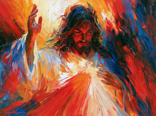 Jesus as Divine Mercy with red and pale rays, expressionist landscape Christian artwork