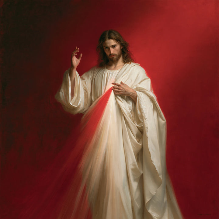 Divine Mercy Jesus – Hand Raised in Crimson Light