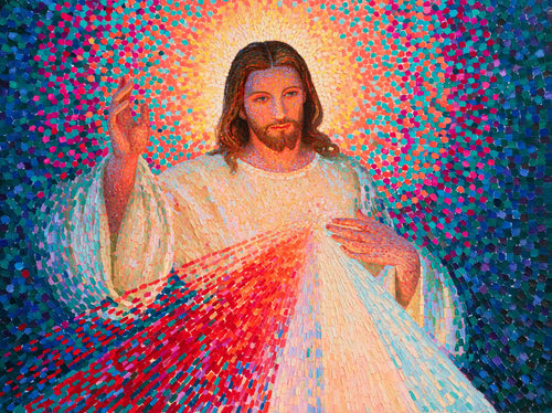 Jesus as Divine Mercy with red and pale rays, pointillist & neo-impressionist landscape Christian artwork