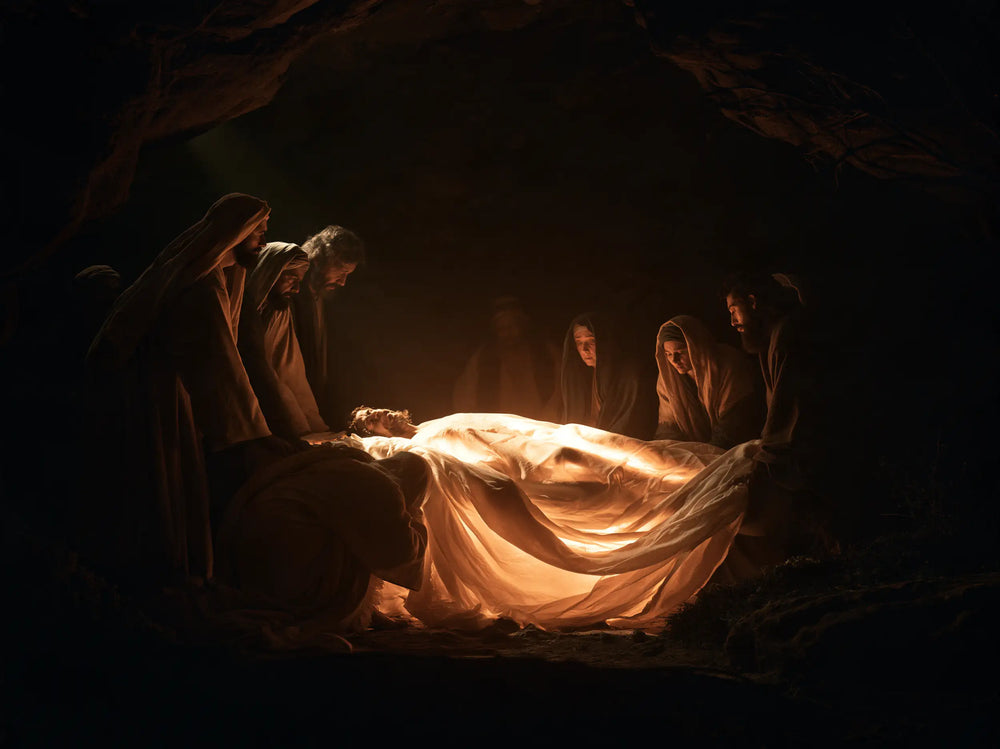 Entombment of Jesus Christ in Divine Light style, landscape Christian artwork no. 8