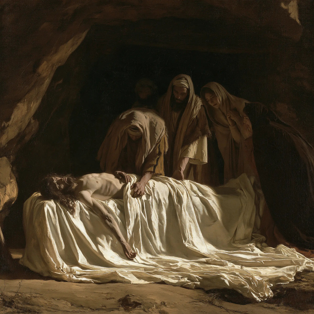 Entombment of Jesus Christ in Sacred Silence style, square Christian artwork no. 2