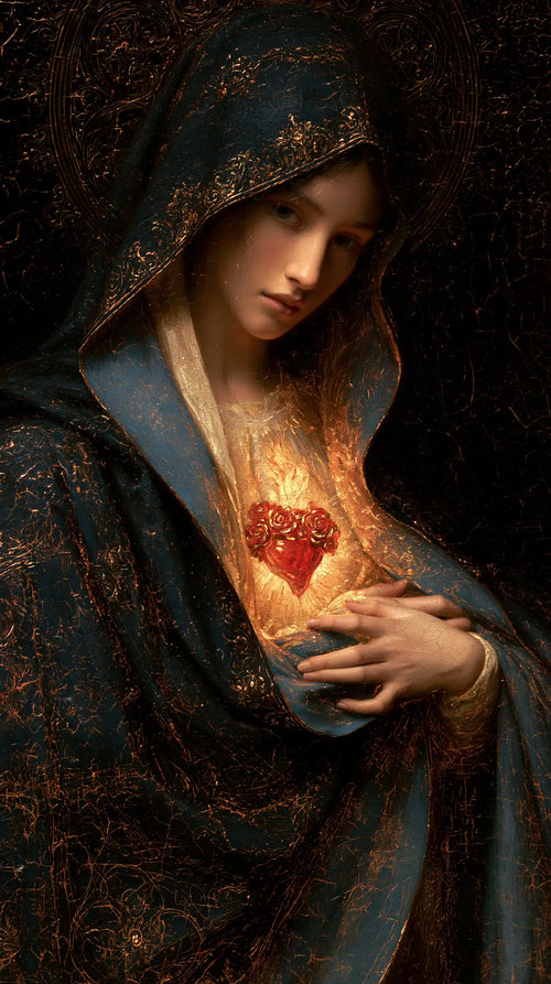 the Immaculate Heart of Mary in black and gold in Black and Gold style, portrait Christian artwork no. 5