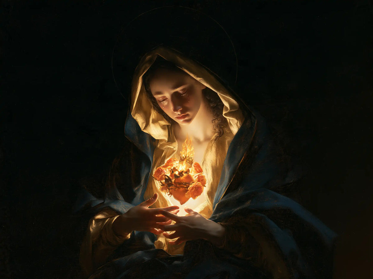 The Immaculate Heart of Mary — The Reflective Gaze upon Fiery Flowers