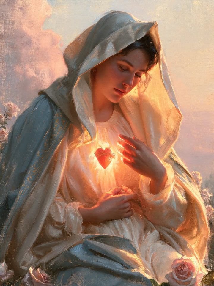 The Immaculate Heart of Mary — Light Between Fingers and Roses