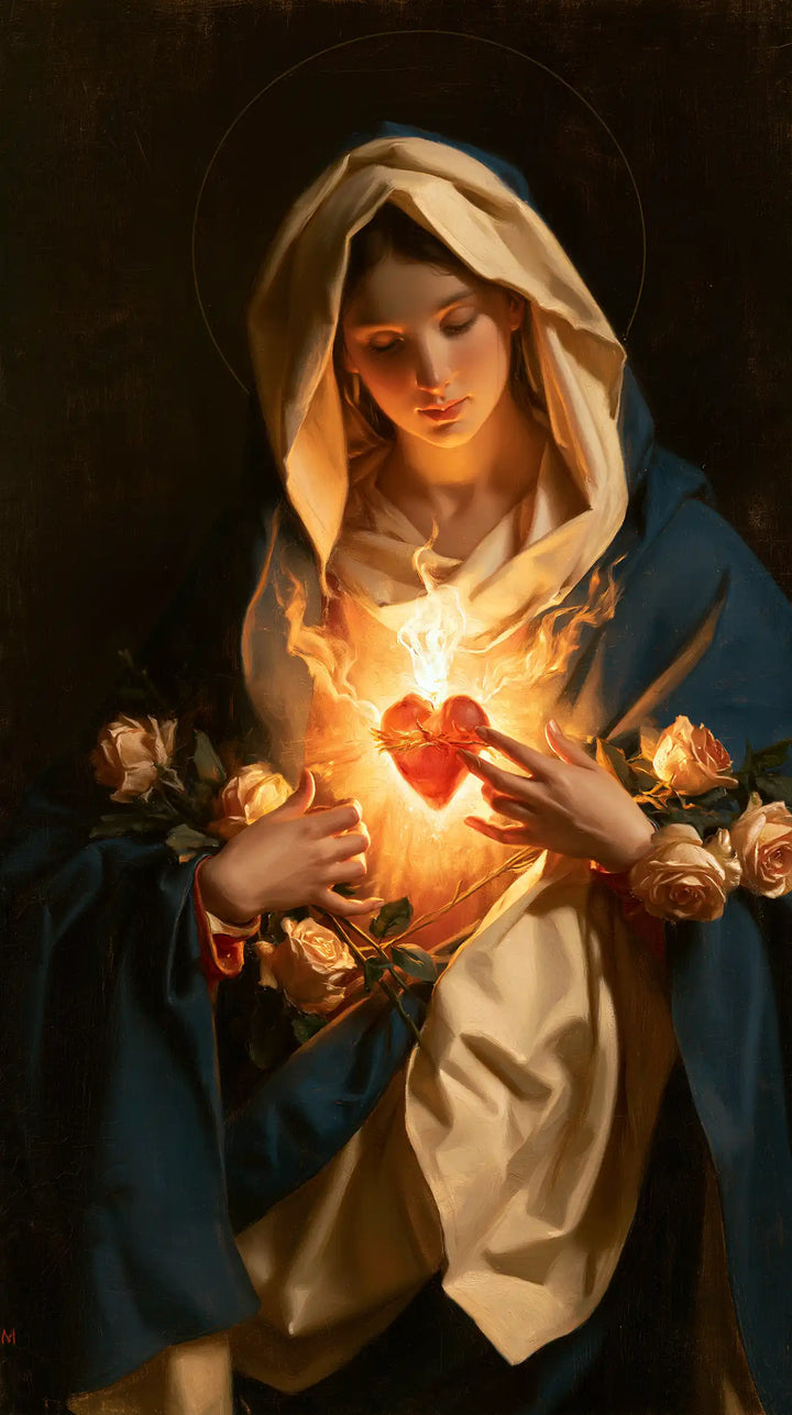 The Immaculate Heart of Mary — Golden Roses Beneath Pale Fingers