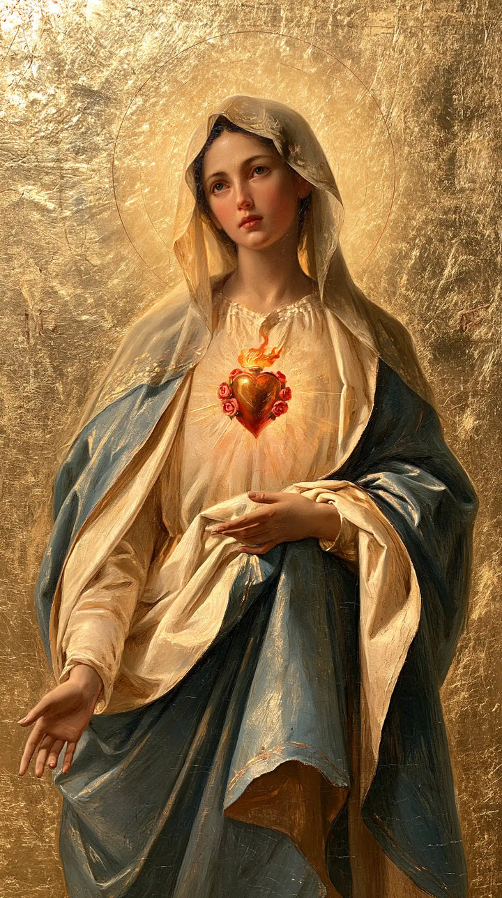 The Immaculate Heart of Mary — The Descending Gesture in Crinkled Light
