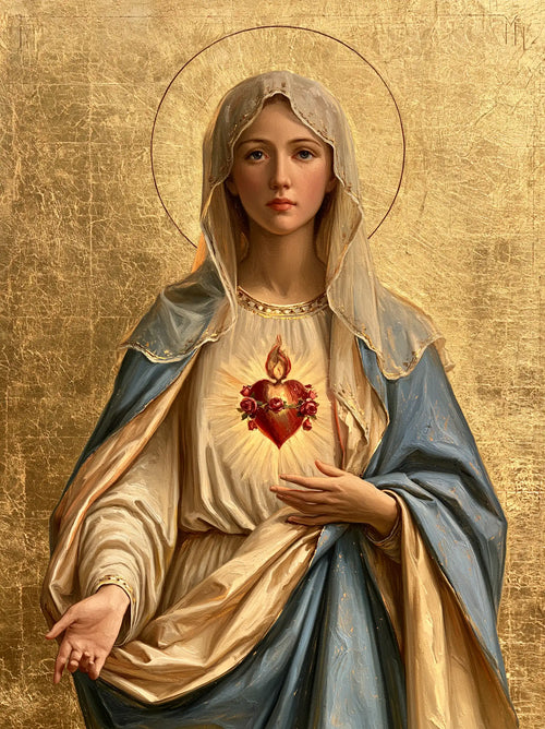 Mary revealing her Immaculate Heart in Sacred Gold style, portrait Christian artwork no. 32