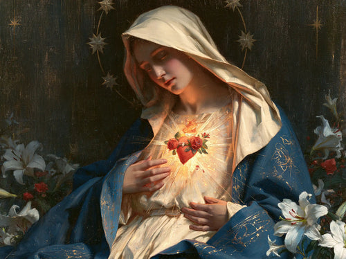 the Immaculate Heart of Mary in a symbolist composition in Symbolist style, landscape Christian artwork no. 9
