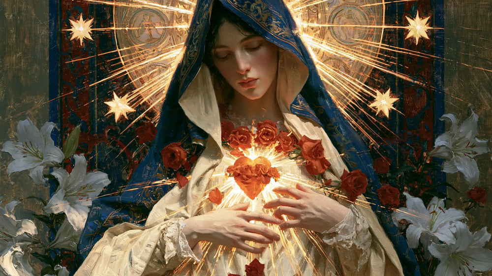the Immaculate Heart of Mary in a symbolist composition in Symbolist style, landscape Christian artwork no. 22