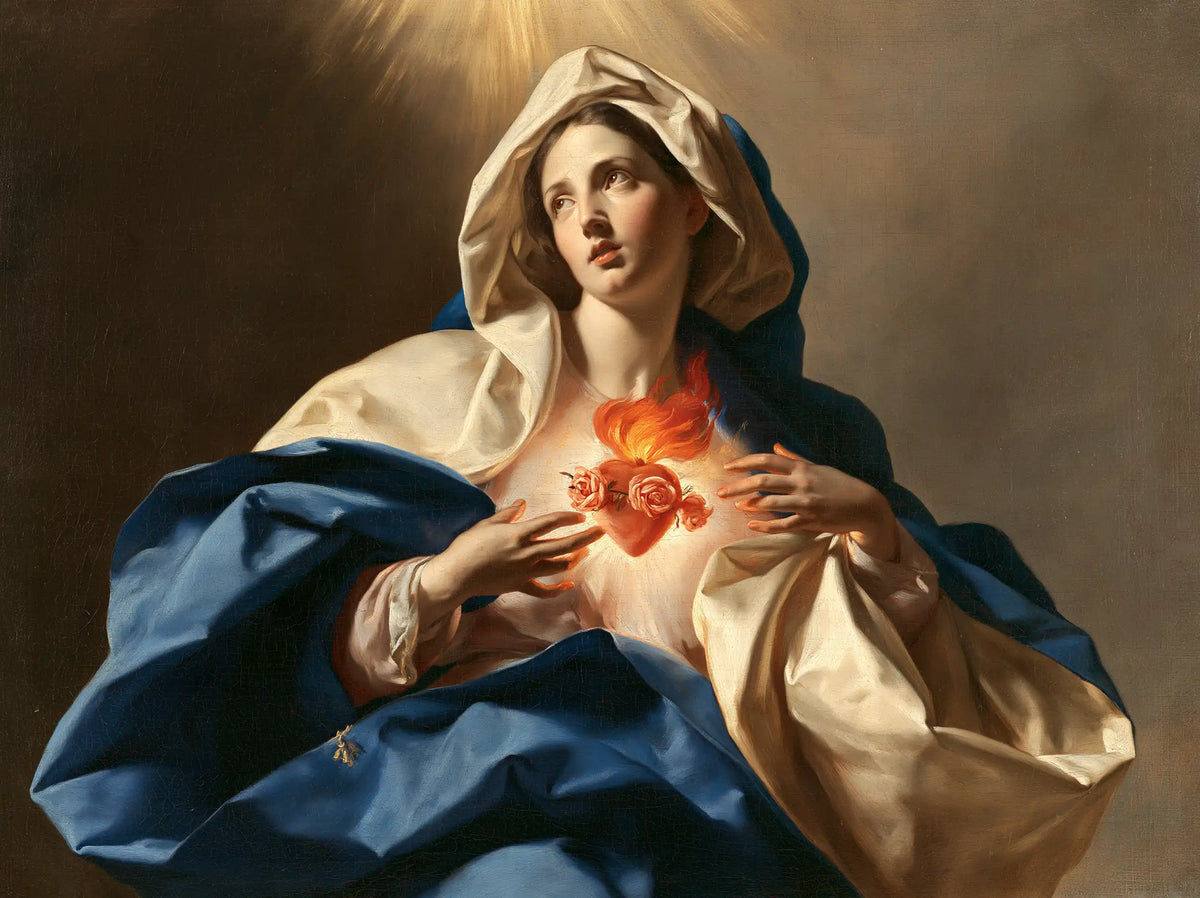 the Immaculate Heart of Mary in a theatrical Baroque scene in Theatrical Baroque style, landscape Christian artwork no. 6