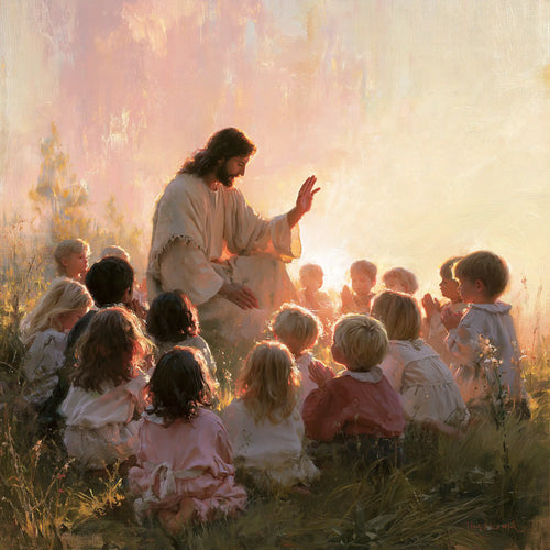Jesus and the children gathered at dawn in Jesus and the Children at Dawn style, square Christian artwork no. 2