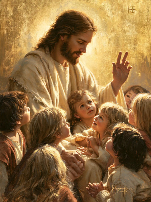 Jesus welcoming children in radiant golden light in Sacred Gold style, portrait Christian artwork no. 13