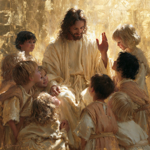 Jesus welcoming children in radiant golden light in Sacred Gold style, square Christian artwork no. 2