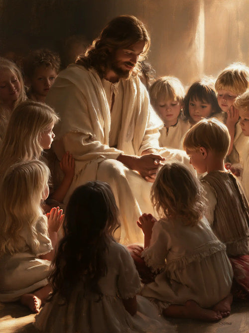 Jesus with children in a meditation on sacred innocence in Innocence as a Sacred Symbol style, portrait Christian artwork no. 12