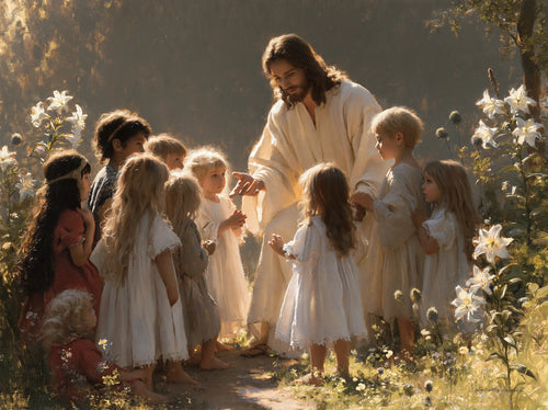 Jesus and the children in a symbolist composition in Symbolist style, landscape Christian artwork no. 12