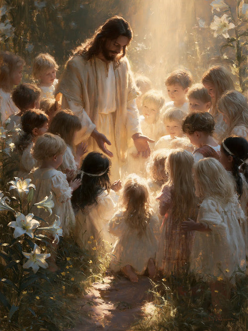 Jesus and the children in a symbolist composition in Symbolist style, portrait Christian artwork no. 11