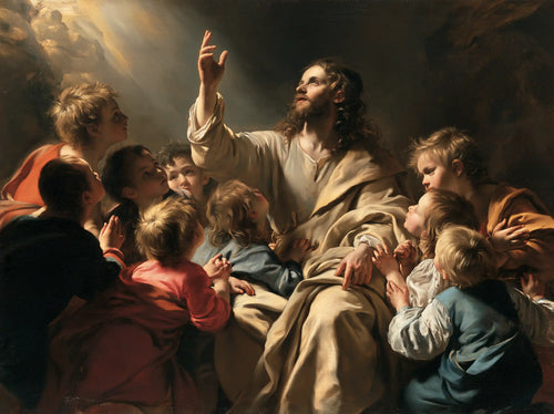Jesus welcoming children in a theatrical Baroque scene in Theatrical Baroque style, landscape Christian artwork no. 2
