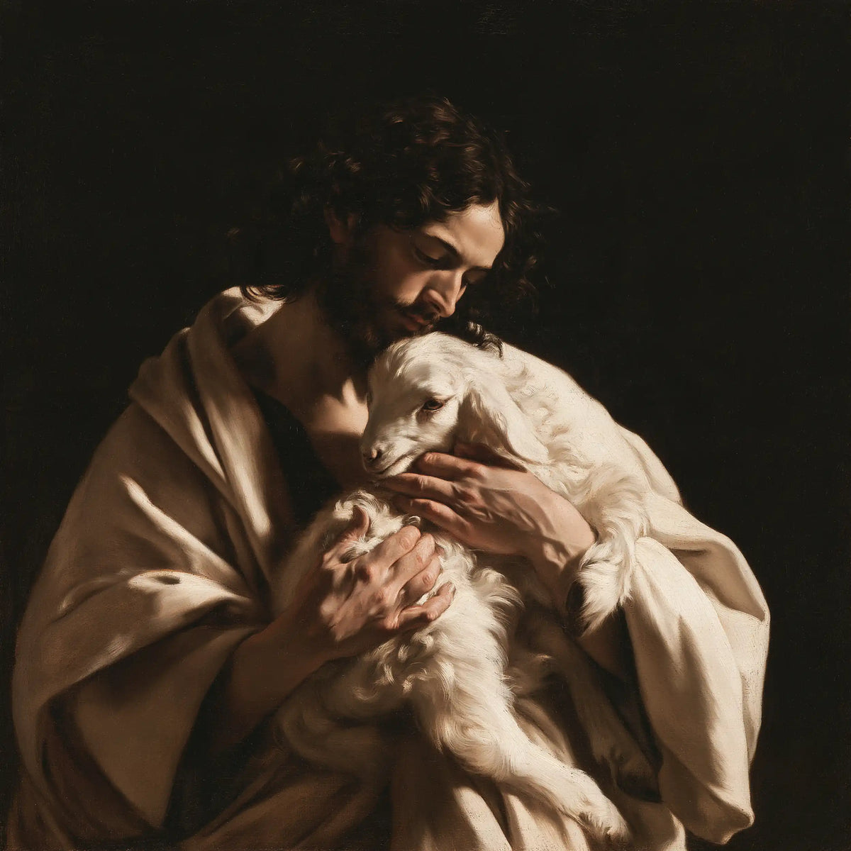 Jesus and the Lamb - Caravaggio Tenebrism · Square n° 3