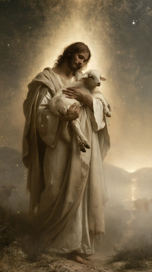 Jesus and the lamb in a symbolist composition in Symbolist style, portrait Christian artwork no. 7
