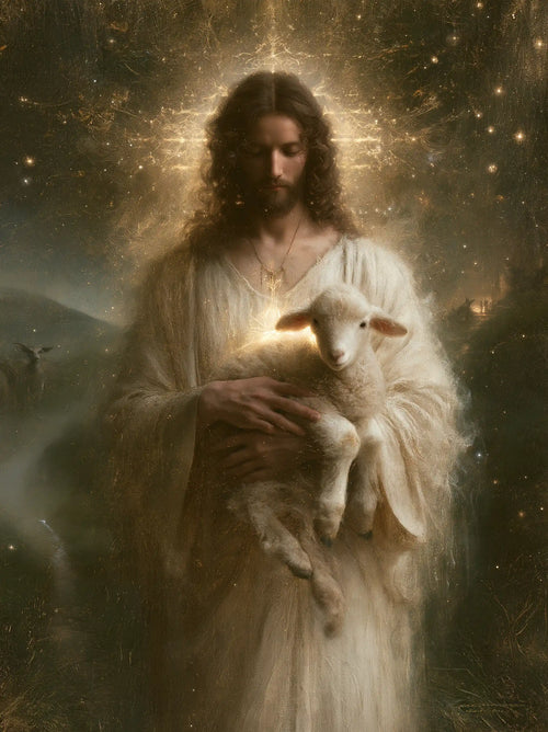 Jesus and the lamb in a symbolist composition in Symbolist style, portrait Christian artwork no. 14