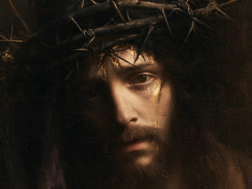 Jesus crowned with thorns in black and gold in Black and Gold style, landscape Christian artwork no. 5