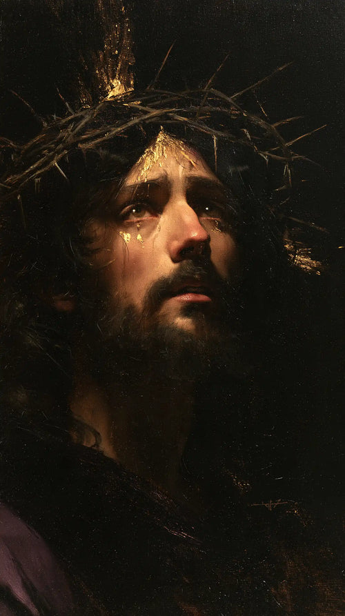Jesus crowned with thorns in black and gold in Black and Gold style, portrait Christian artwork no. 7
