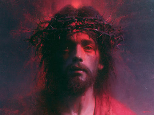 Jesus crowned with thorns with hidden glory in suffering in Hidden Glory in Suffering style, landscape Christian artwork no. 6