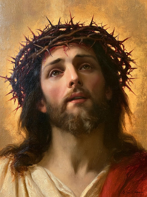Jesus crowned with thorns in red, violet and gold in Crown of Thorns in Red, Violet and Gold style, portrait Christian artwork no. 12