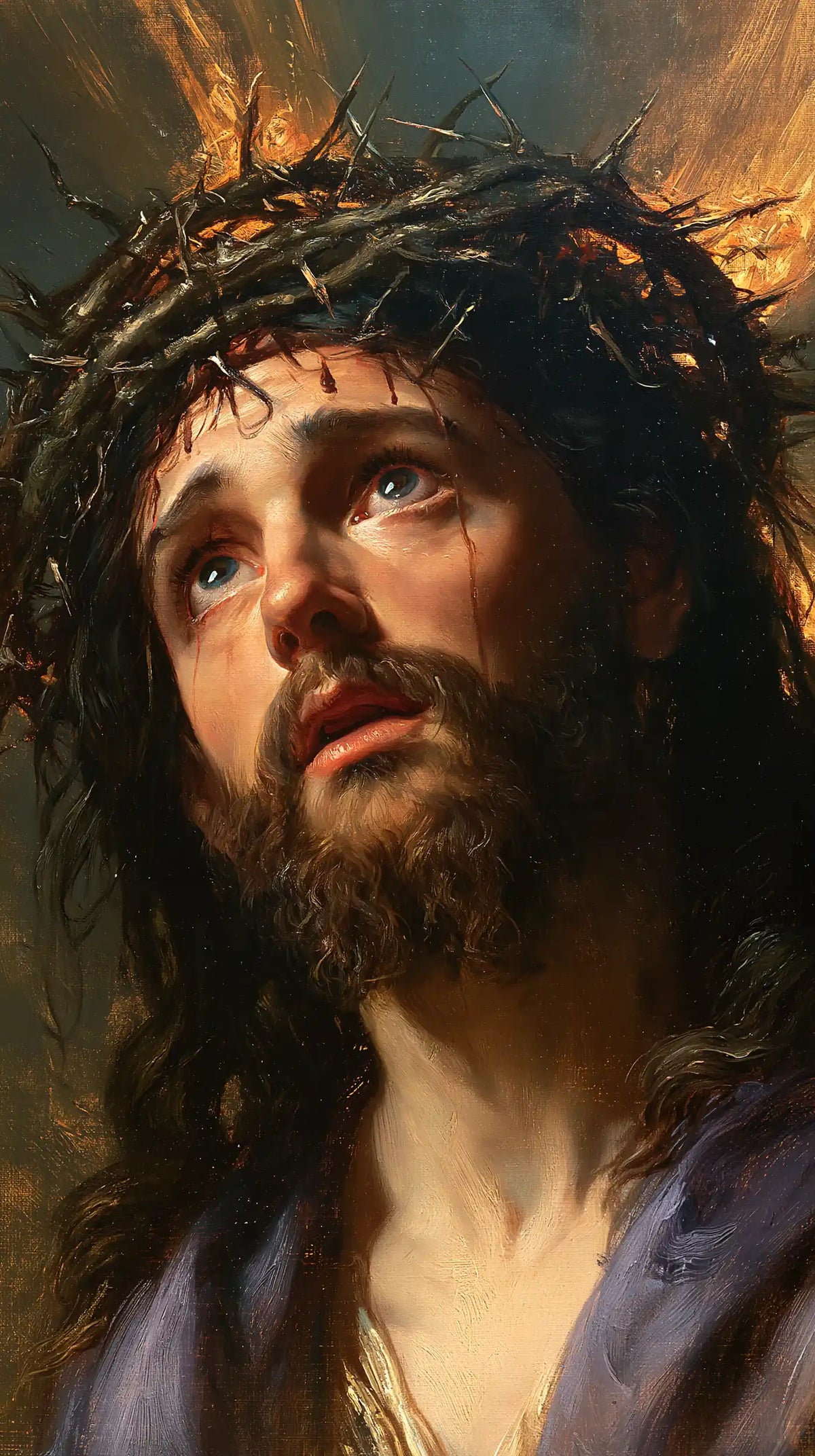 Jesus Crowned with Thorns — Pale Eyes beneath Flaming Brambles