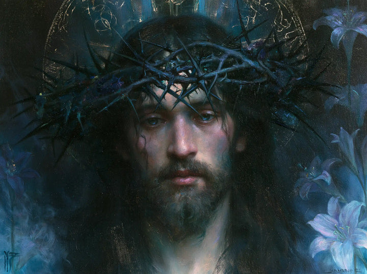 Jesus Crowned with Thorns — The Face in the Garden of Blue Lilies